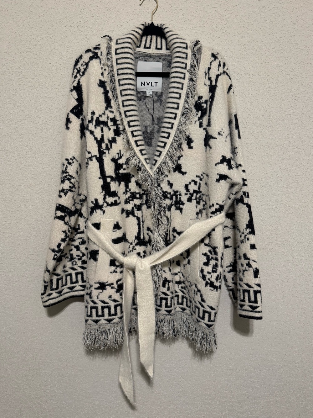 NVLT Eyelash Fringe Coatigan Sweater – Black & White, Size L